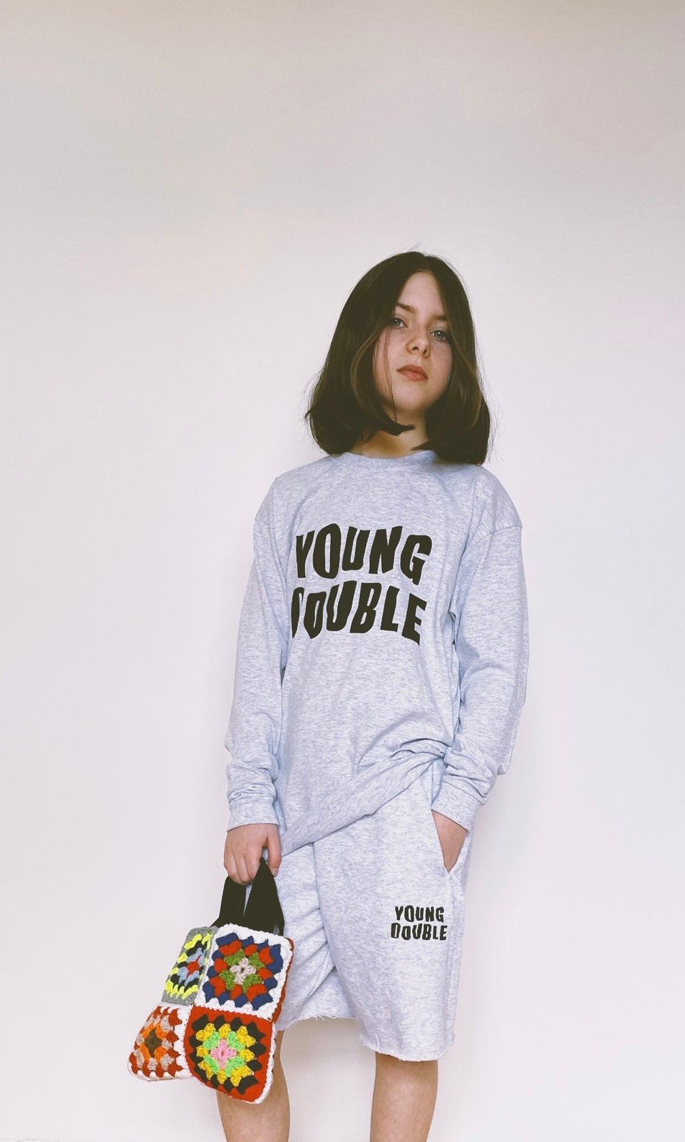 Logo Long Sleeve T-shirt in Grey Marl | YOUNG DOUBLE