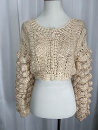 Image 3 of LOVE SHACK FANCY beige crochet long sleeve crop ruffled sweater cardigan
