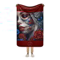 Image 3 of Sherpa Blanket Red and Blue Sugar Skull