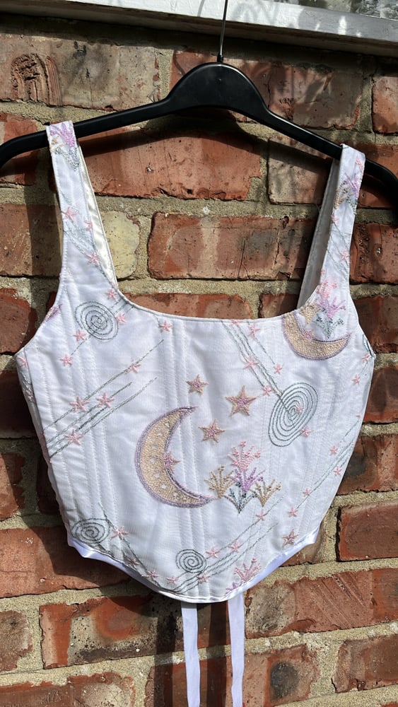 Moons, Stars and planet embroidered tulle Velvet handmade White corset
