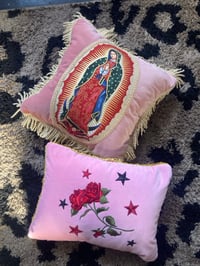 Image 7 of Pink velvet, red rose cushion with stars and gold fringe