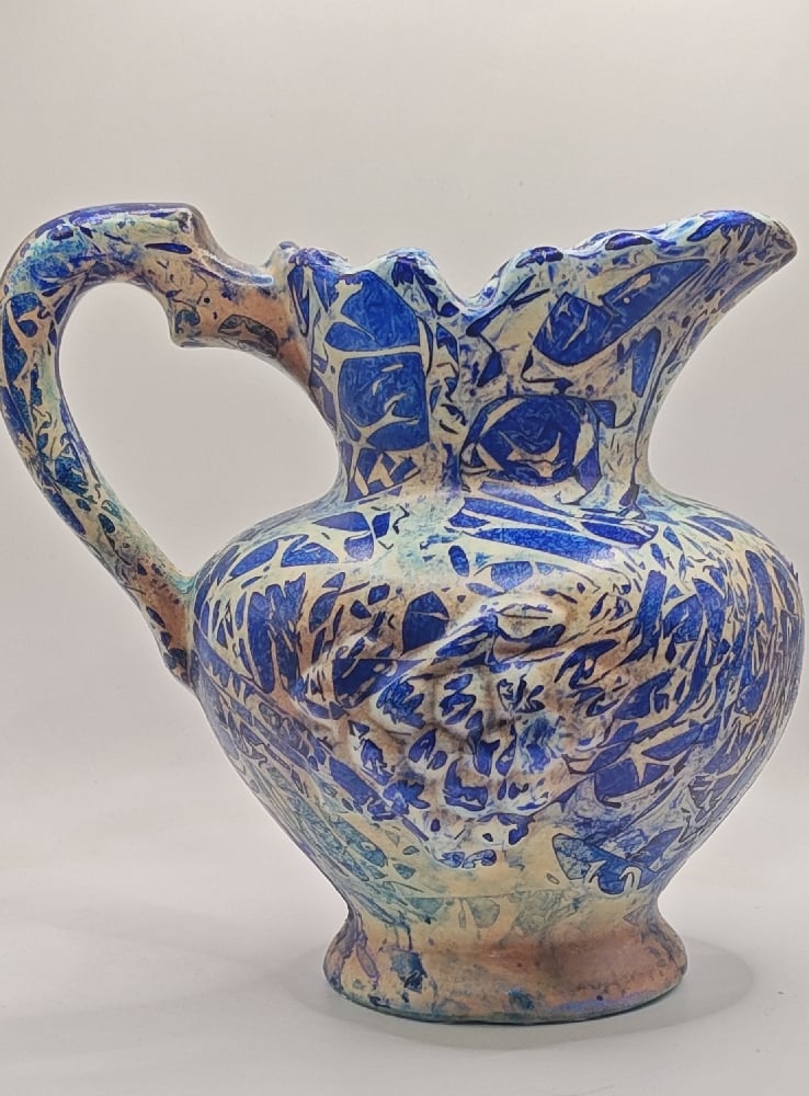 Image of Upcycled Ceramic Pitcher – Hand-Painted Blue & Cream Abstract Art Vase
