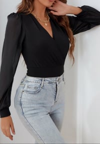 Image 1 of Black Solid Color V Neck Wrap Mesh Sleeves Bodysuit