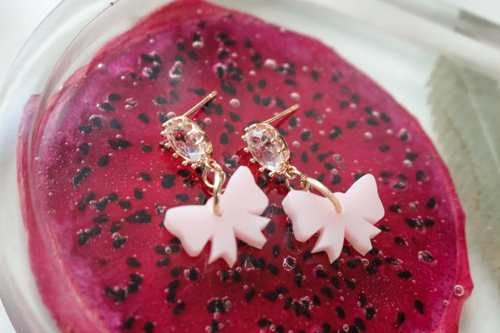Image of Pink Mini Resin Bow/Ribbon Dangle Stud Earrings