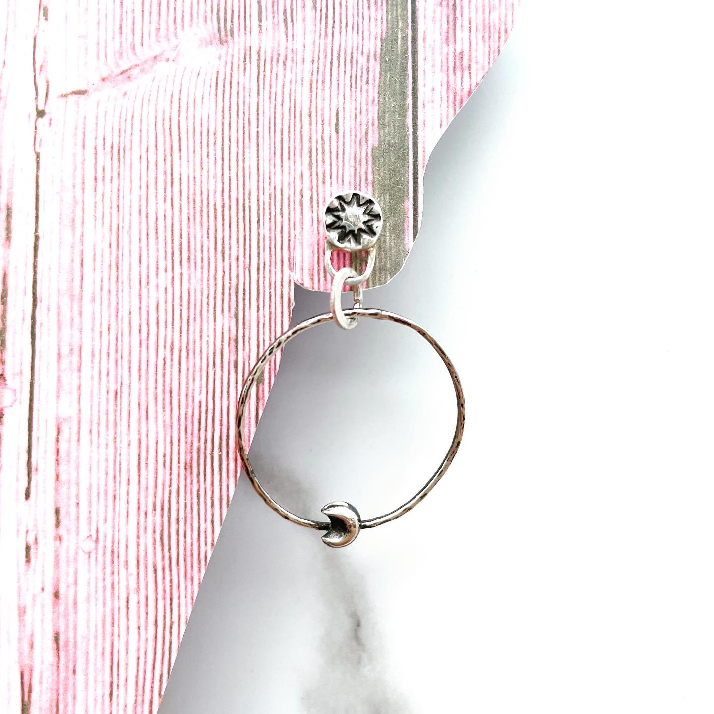 Image of Handmade Sterling Silver Celestial Star And Moon Hammered Hoop Earrings 925
