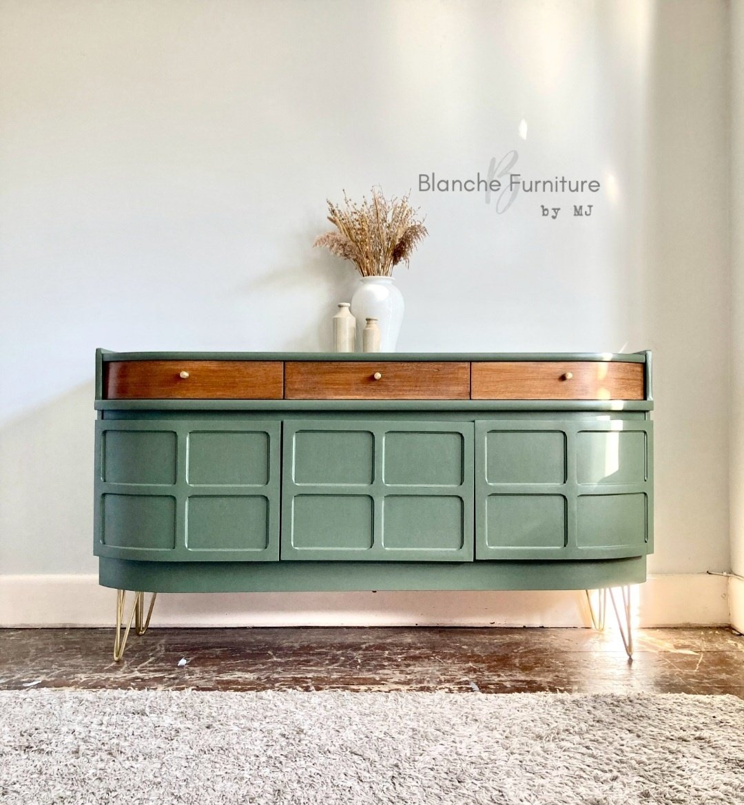Image of Stunning Curved Sideboard in Bayberry Green on Gold Hairpin Legs