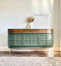 Image 1 of Luxurious, Large Curved Sideboard by Nathan, in Bayberry Green on Gold Hairpin Legs