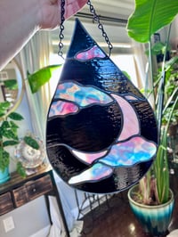 Image 3 of Celestial Stained-Glass Moon & Cloud Teardrop Panel - Opal Pink & Black Celestial Window Hanging