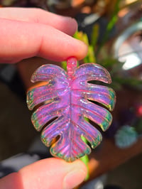 Image 2 of Pink & green crushed opal monstera leaf pendant 