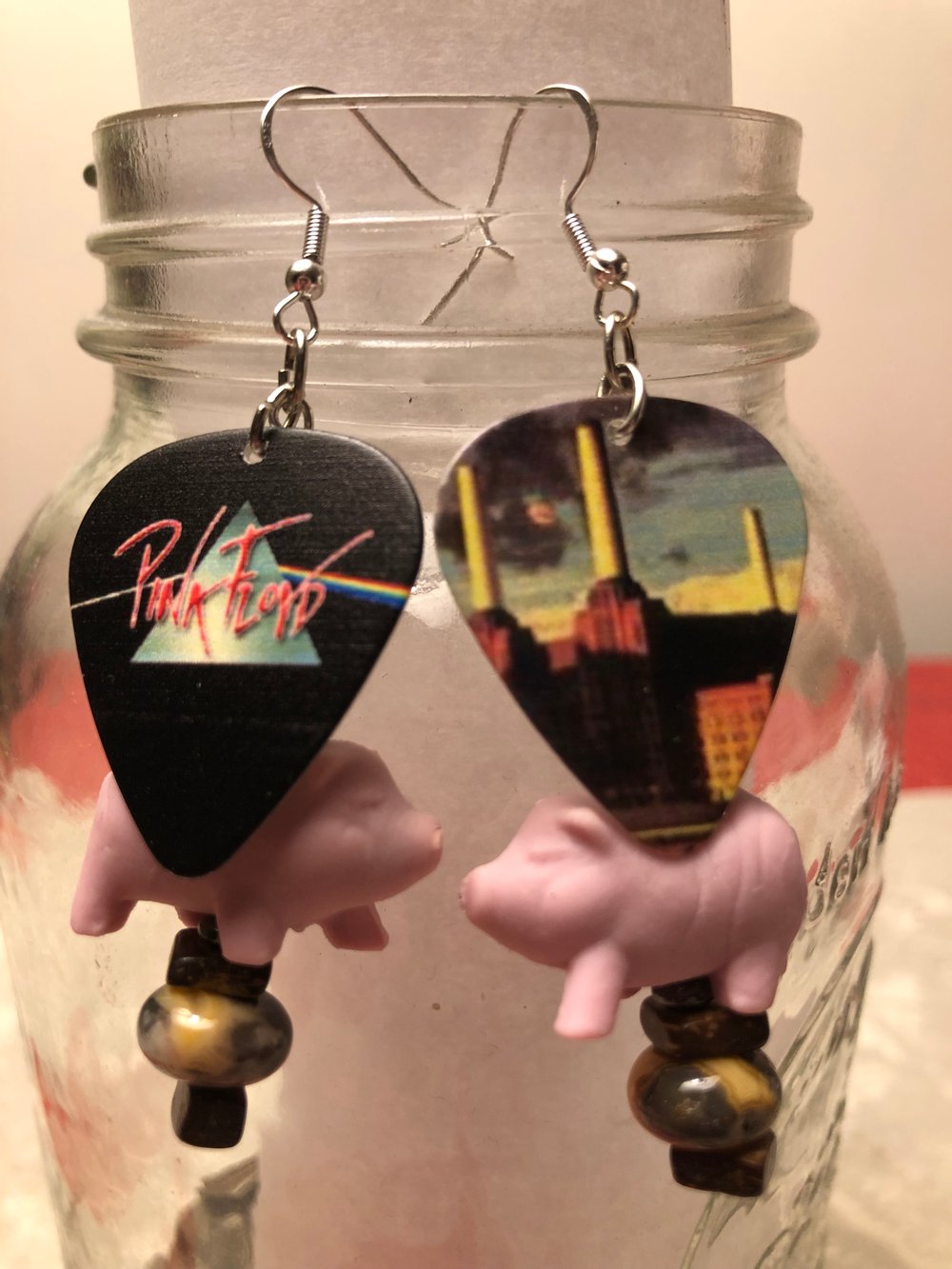Upcycled PINK FLOYD guitar pick and piggy DANGLE EARRINGS