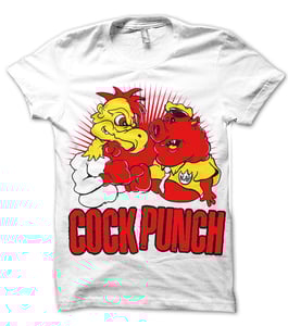 Image of cockpunch pig vs rooster white shirt  portion of proceeds go to march of dimes
