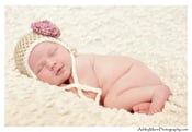 Image of Newborn Baby Earflap Hat with Rosette Tan with Ecru Trim 0-3 months