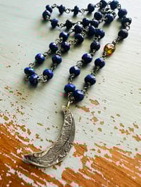 Image 11 of faceted lapis and brown garnet necklace with moon quote pendant