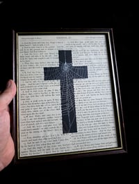 Image 1 of " 2 way Crucifix" 1800's bible page with preserved spider web 3