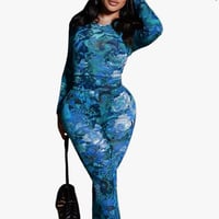 Image 3 of Floral Print See-Through Mesh Set green outfits two-piece set matching