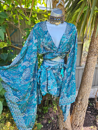 Image 2 of Pefkos co ord sarong set Turquoise tassels