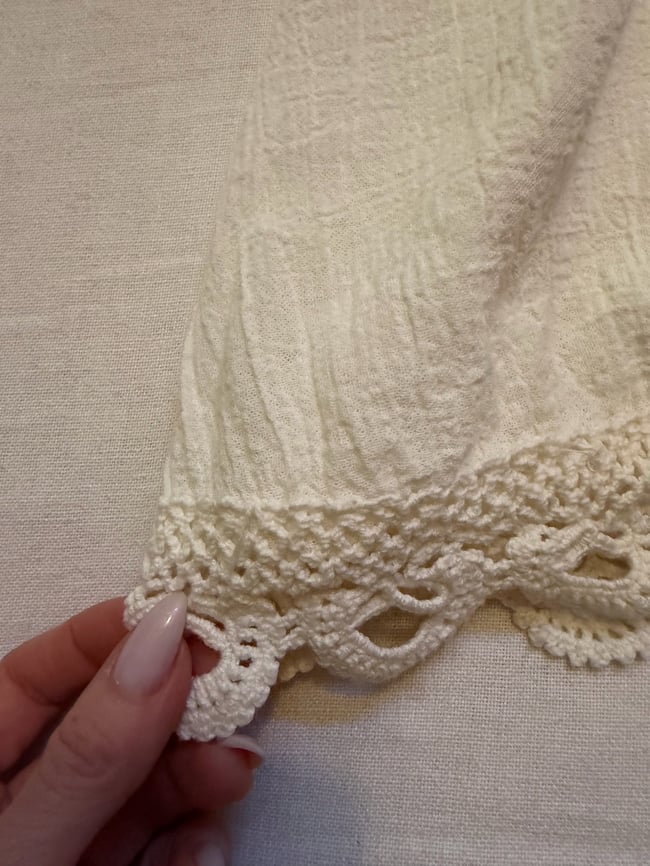 late 60s white gauze maxi dress with massive angel sleeves and crochet 