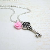Image of The Pink Rose and Silver Key Necklace
