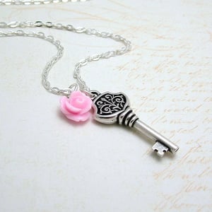 Image of The Pink Rose and Silver Key Necklace