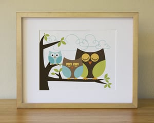 Image of I'm not sleepy yet. Owl family on a tree trunks. . Baby Nursery Wall Art . Children Wall Art