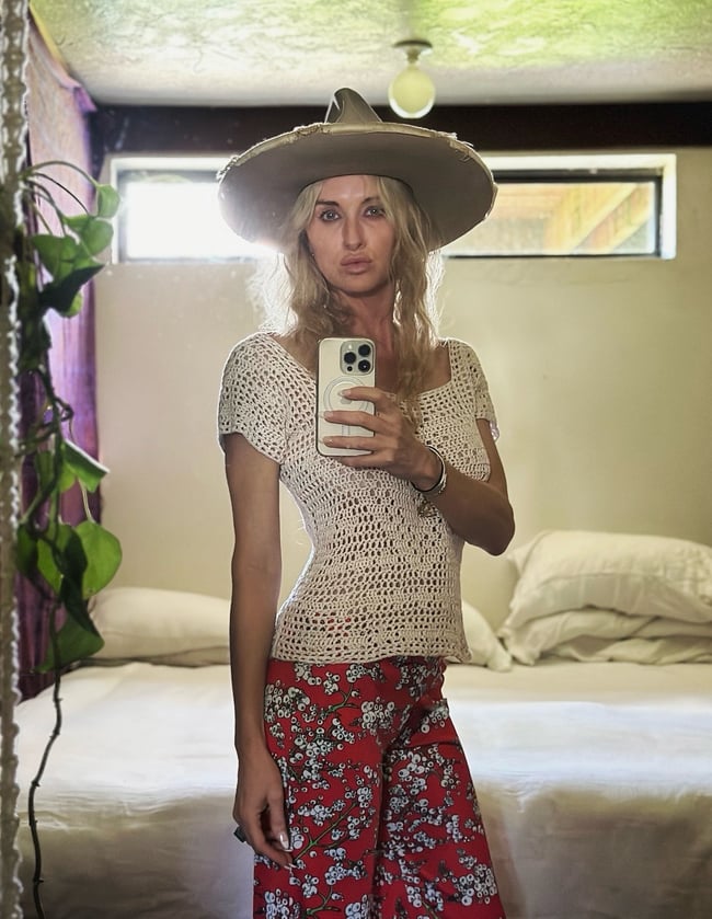 70s currant print slinky trousers