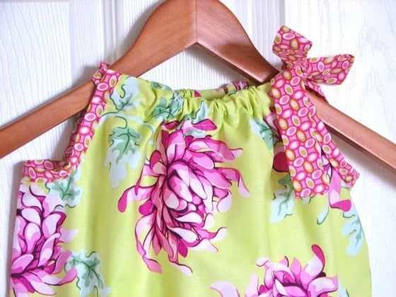 Image of Pillowcase Dress in Raspberry Mums on Lime