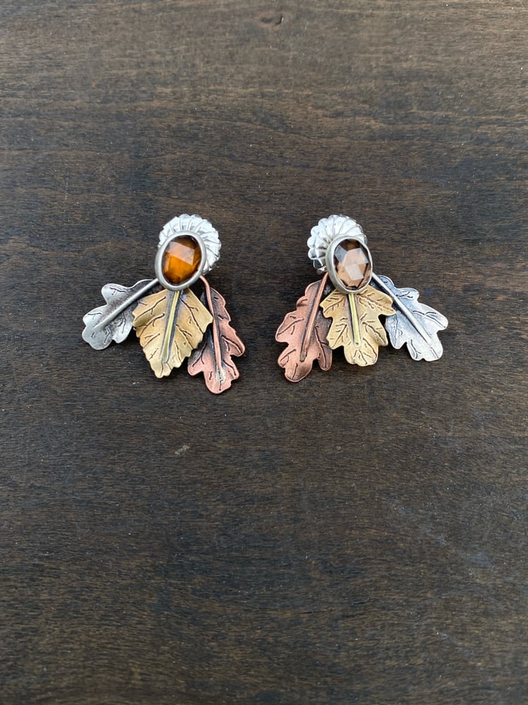 Image of Mixed Leaf Mixed Metal Mismatch Color Zircon Jacket Earrings