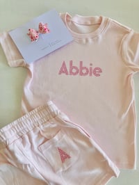 Image 1 of pre order pink pastel tee & short set & matching bow 