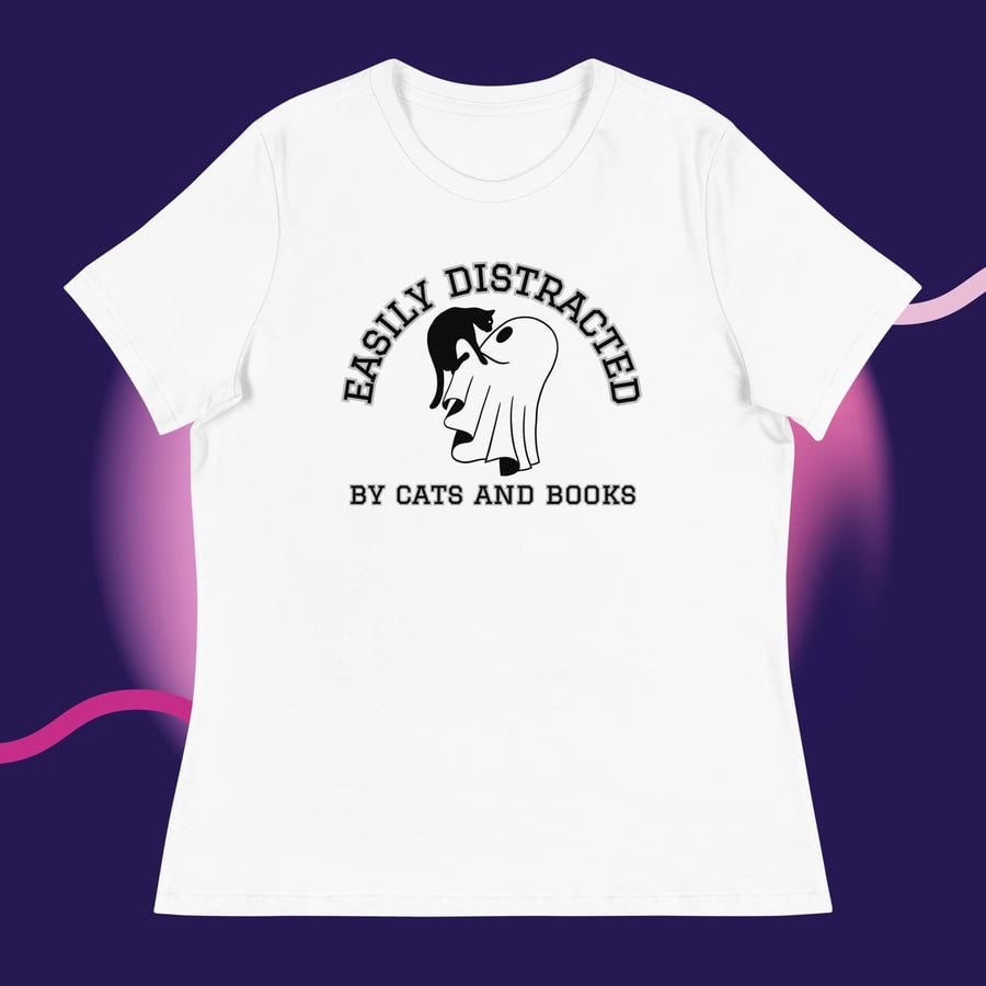 Image of Easily distracted by cats & books ghost & kitty Women's Relaxed T-Shirt