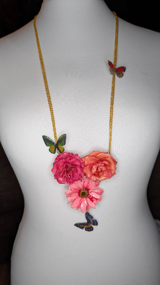 Image of OOAK Pink Roses & Art Butterfly Necklace