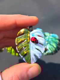 Image 2 of Variegated monstera leaf with ladybug pendant. 🐞🌿 uv reactive 