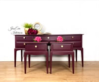 Image 1 of Stag Minstrel Bedroom Furniture Set - Dressing Table and 2x Bedside Tables painted in purple 