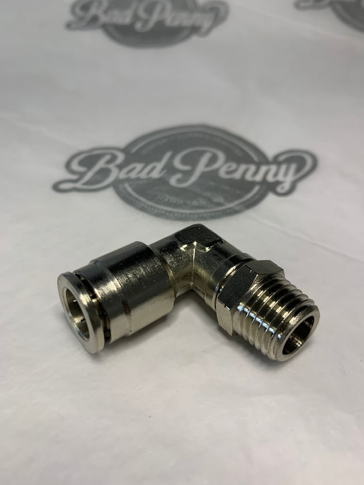 Image of Push connect air fitting 1/4 NPT x 3/8 line 90° elbow nickel plated brass 