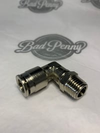Push connect air fitting 1/4 NPT x 3/8 line 90° elbow nickel plated brass 