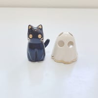 Image 3 of Glow in dark Black Kitty Cat With Ghost Mask Ceramic Figurine 