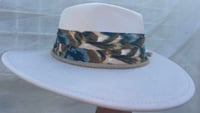 Image 3 of Off White Fedora Hat Multi Print, Rope and Feather Band