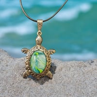 Image 2 of Sea Turtle- Fluid Art Pendant, Green and White