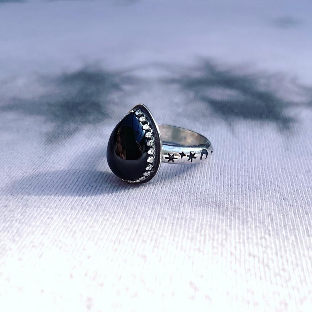 Sterling Silver Handmade Black Onyx Ring Celestial Stamping Stars And Moons