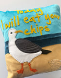 Raggy Roux - ‘today I will eat your chips’ seagull cushion 