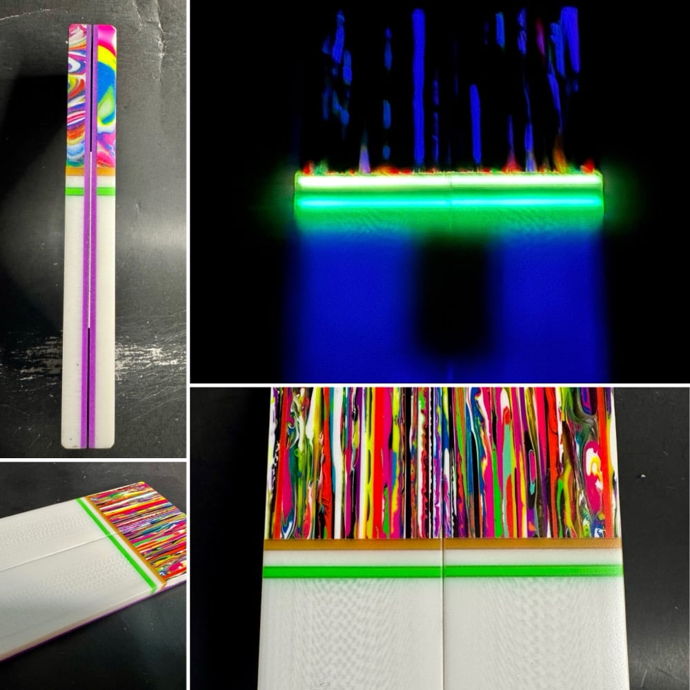 Image of @Kaoticartworks Resin & White Faux Ivory GLOW Segmented Knife Scales