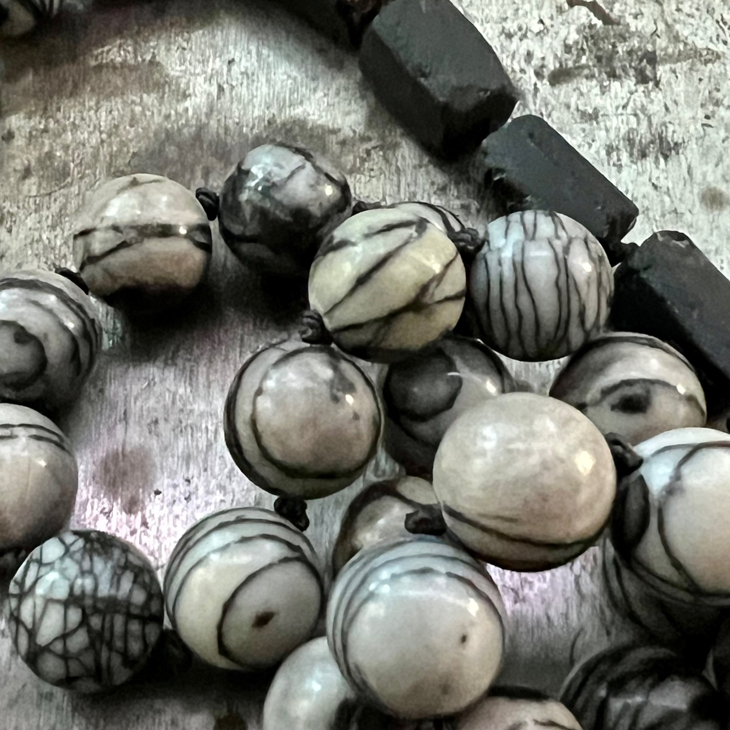 Image of Black Spider Web Jasper & Tourmaline Hand-tied Necklace