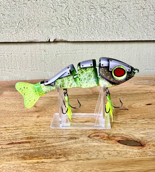 Image of 5” Triple Trout Stubby — Armored Chartreuse Zombie Shad w/ Feathered Hooks 