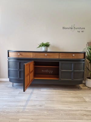 Image of Stunning Nathan Curved Sideboard in Railings with Walnut Drawers.