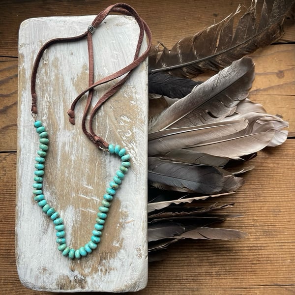 Image of Turquoise Bead Necklace with Leather