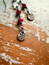 Image 5 of ruby and rainbow moonstone dangle earrings with sterling silver medallions