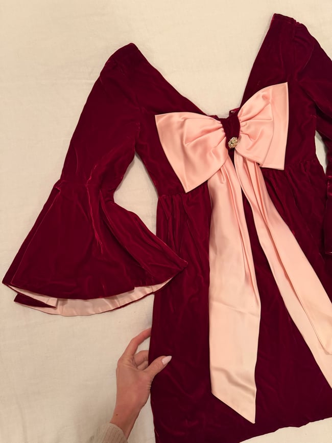 late 1960s jeweltone ruby velvet and satin trumpet sleeve mini dress with huge bow