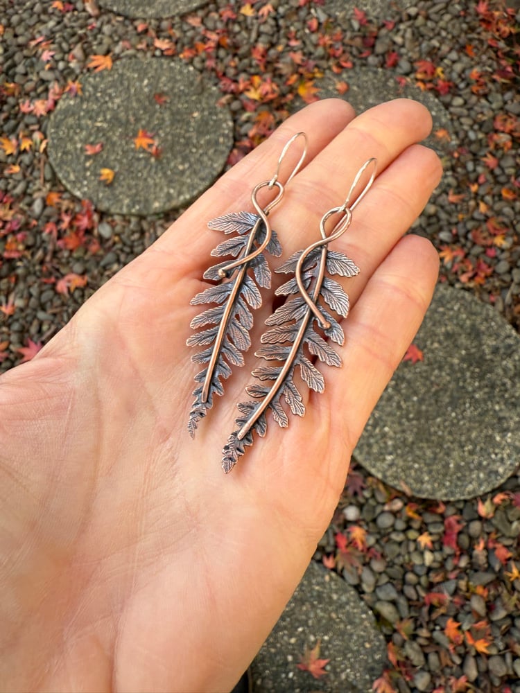 Image of LARGE Copper Autumn Fern Dangle Earrings