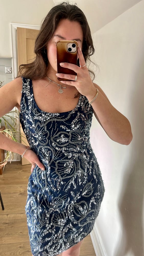 Midnight blue floral beaded dress