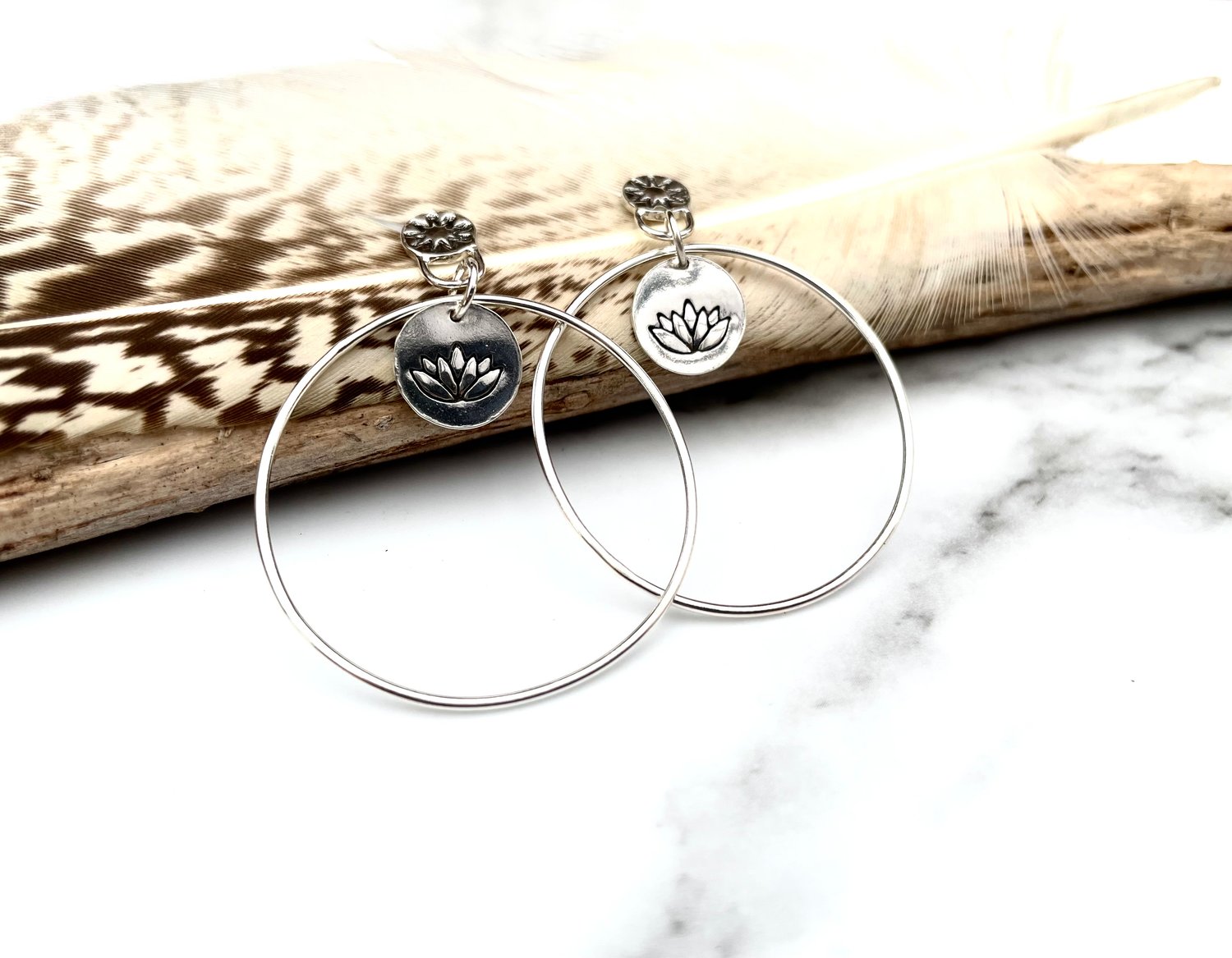 Image of Handmade Sterling Silver Lotus Flower Hoop Earrings