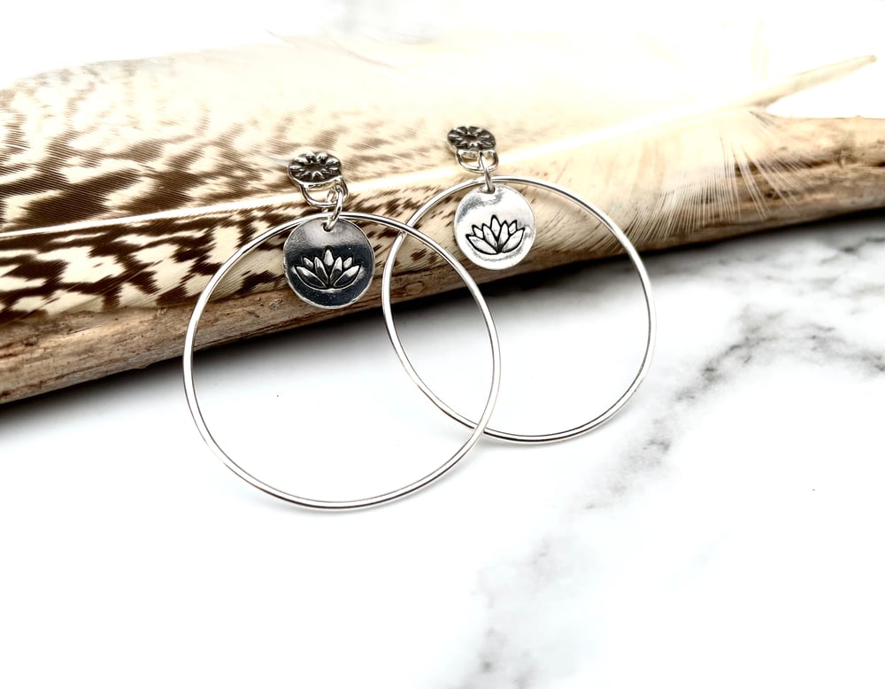 Handmade Sterling Silver Lotus Flower Hoop Earrings 